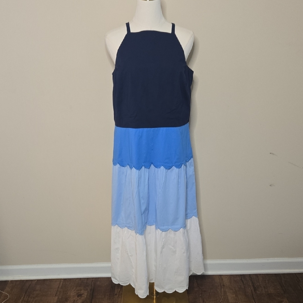 Ann Taylor Colorblock Tiered Midi Dress Navy Blue Blue White Scalloped Hem 12P - Picture 2 of 7